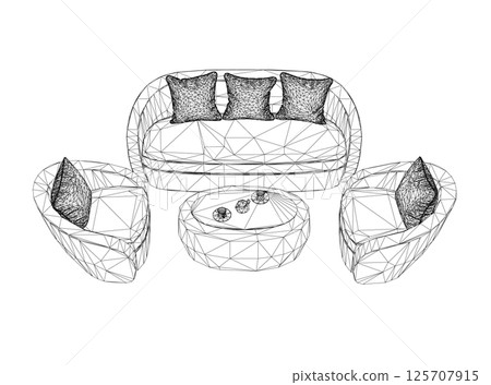 Set of wireframe furniture for a living room or office in outline style. Outline Sofa, armchair, table. Items for the design apartment drawn with black line. Vector illustration isolated on white. 3D 125707915