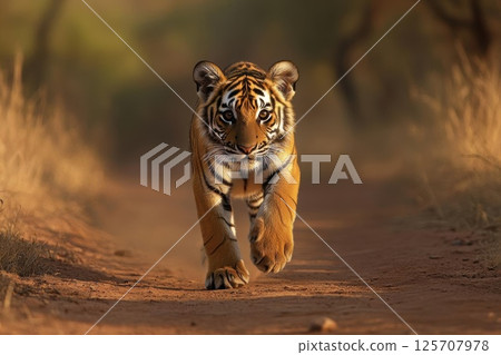 Tiger Cub Walks Confidently on Dirt Road, Wildlife Safari Adventure 125707978