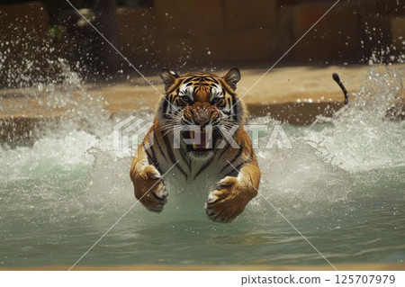 Tiger Leaps from Water with Splashing, Wildlife Power and Grace. 125707979
