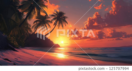 Tropical Beach Reflects the Sunset Glow with Palm Trees and Ocean Waves, a Serene Coastal Paradise 125707994