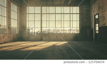 Empty Room Illuminates with Sunlight through Large Windows, Urban Loft Conversion Theme 125708034