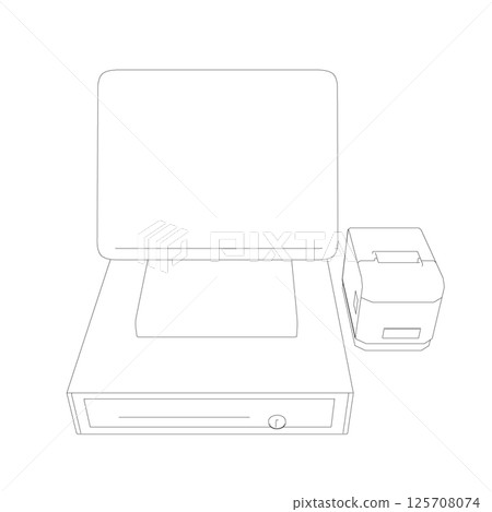 Outline of cash register with bar code reader, credit card reader and receipts printer. Cash machine contour. Vector illustration. Outline of cash register with bar code reader, credit card reader and receipts printer. Cash machine contour. Vector illustration. 125708074