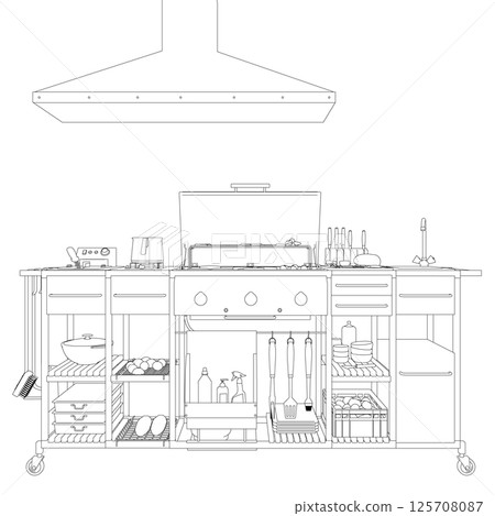 Barbecue / BBQ Gas Grill Clipart - Outline. Vector illustration food cooking on a charcoal grill. Barbecue / BBQ Gas Grill Clipart - Outline. Vector illustration food cooking on a charcoal grill. 125708087