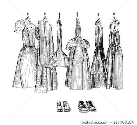 Girls' Long Peasant Dress contour, vector flat sketch fashion template. Technical Fashion Illustration. Empire Waist Dress. Girls' Long Peasant Dress contour, vector flat sketch fashion template. Technical Fashion Illustration. Empire Waist Dress. 125708164