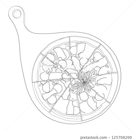 Contour of Italian pizza and ingredients. Italian food menu design template. Pizzeria menu design template. Vintage hand drawn sketch vector illustration. Engraved image. Contour of Italian pizza and ingredients. Italian food menu design template. Pizzeria menu design template. Vintage hand drawn sketch vector illustration. Engraved image. 125708200
