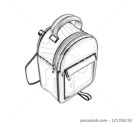 Outline of School backpack. Black and white rucksack. Front view travel bag. Vector illustration. Education and Work - School and Office Supply - Black Backpack with Strap Isolated on White Background Outline of School backpack. Black and white rucksack. Front view travel bag. Vector illustration. Education and Work - School and Office Supply - Black Backpack with Strap Isolated on White Background 125708210