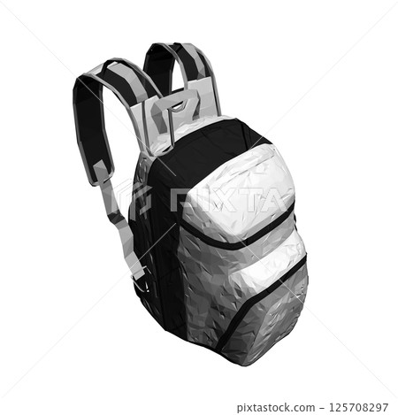 Polygonal model of a large backpack isolated on a white background. Isometric view. 3D. Vector illustration. Polygonal model of a large backpack isolated on a white background. Isometric view. 3D. Vector illustration. 125708297
