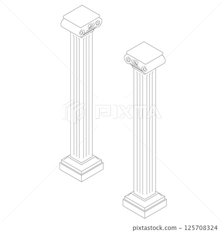 Roman column contour. Illustration on white background for design. Classical column architecture element. Logo concept for construct. Vector Art of Classic Architecture. Isometric view. Roman column contour. Illustration on white background for design. Classical column architecture element. Logo concept for construct. Vector Art of Classic Architecture. Isometric view. 125708324