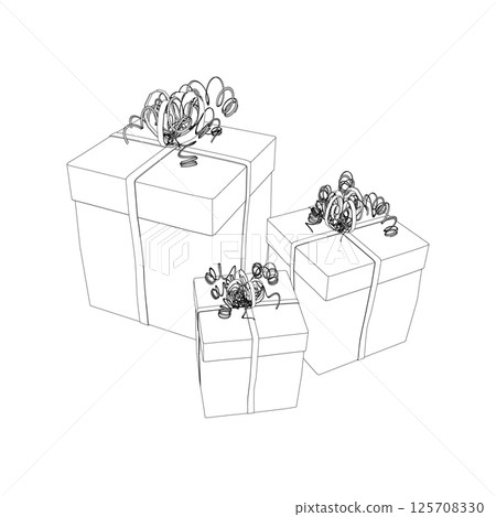 Outline of three gift boxes with ribbons made from black lines isolated on a white background. Visa perspective. Vector illustration. Outline of three gift boxes with ribbons made from black lines isolated on a white background. Visa perspective. Vector illustration. 125708330