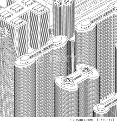 City buildings skyline of metropolitan outline. Town skyline line art vector illustration. Abstract modern urban landscape drawing background, architecture building construction perspective design. 3D City buildings skyline of metropolitan outline. Town skyline line art vector illustration. Abstract modern urban landscape drawing background, architecture building construction perspective design. 3D 125708341