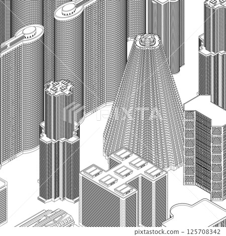 City buildings skyline of metropolitan outline. Town skyline line art vector illustration. Abstract modern urban landscape drawing background, architecture building construction perspective design. 3D 125708342