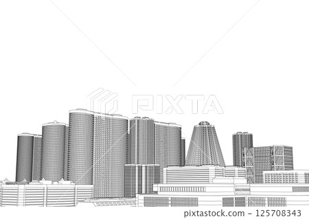 City buildings skyline of metropolitan outline. Town skyline line art vector illustration. Abstract modern urban landscape drawing background, architecture building construction perspective design. 3D 125708343