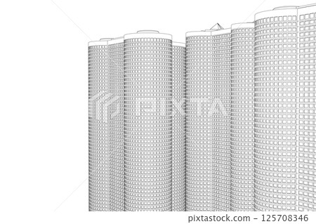 City buildings skyline of metropolitan outline. Town skyline line art vector illustration. Abstract modern urban landscape drawing background, architecture building construction perspective design. 3D 125708346