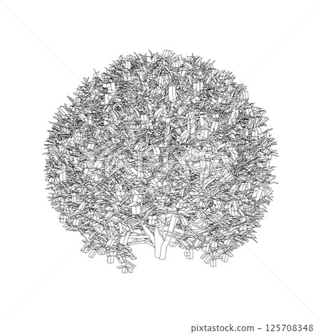 Decorative tree of a circular shape made of black lines isolated on a white background. Vector illustration. 125708348