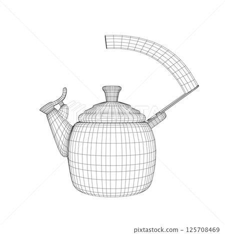 Kettle vector illustration isolated on white, domestic appliance line wireframe thin flat design sign. 3D. 125708469