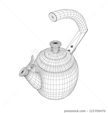 Kettle vector illustration isolated on white, domestic appliance line wireframe thin flat design sign. 3D. 125708470
