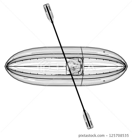 Outline of Inflatable Boat With Peddle. Cartoon Simple Style Isolated Flat Vector Illustration On White Background. Rubber inflatable boat transportation vector. Top view. 125708535