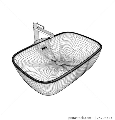 Wireframe Bathroom sink with tap line drawing on white isolated background. Vector illustration. 3D. Wireframe Bathroom sink with tap line drawing on white isolated background. Vector illustration. 3D. 125708543