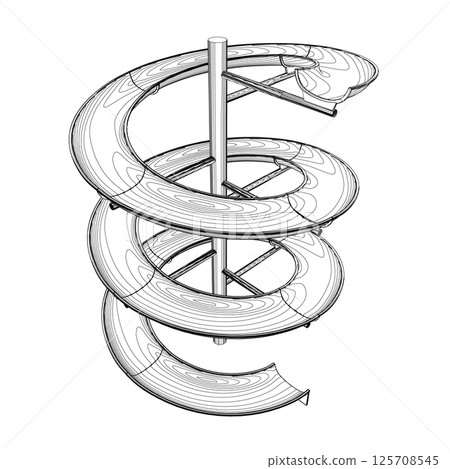 Outline water slide. 3D spiral pipe waterpark construction, water slide in pool aqua park. Waterpark spiral slide water pipes. Vector illustration. 125708545