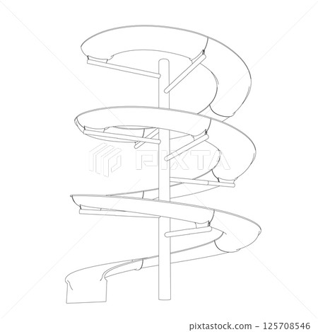 Outline water slide. 3D spiral pipe waterpark construction, water slide in pool aqua park. Waterpark spiral slide water pipes. Vector illustration. 125708546