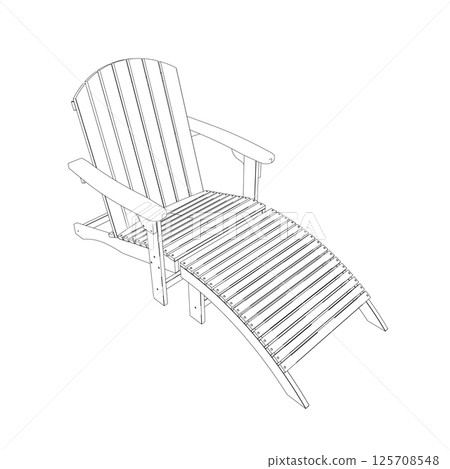 Outline of beach chair isolated on white background. Contour wood Sun lounger. Beach wooden lounger summer sunbed vector illustration isolated on white background. 3D 125708548