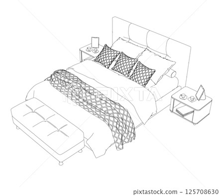 Hand drawn bed icon in vector. Outline of a sleeping bed with an unmade blanket and pillows from black lines isolated on a white background. View from above. Vector illustration. View isometric. Hand drawn bed icon in vector. Outline of a sleeping bed with an unmade blanket and pillows from black lines isolated on a white background. View from above. Vector illustration. View isometric. 125708630