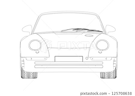 Outline of a sports car made of black lines isolated on a white background. Front view. Vector illustration. 125708638