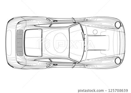 Outline of a sports car made of black lines isolated on a white background. Above view. Vector illustration. 125708639
