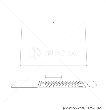 Monitor PC mockup. Outline thin frame monitor or PC with mouse and keyboard isolated on white background. Contour for web site, presentation, or advertising. Vector monitor, keyboard, computer mouse 125708656