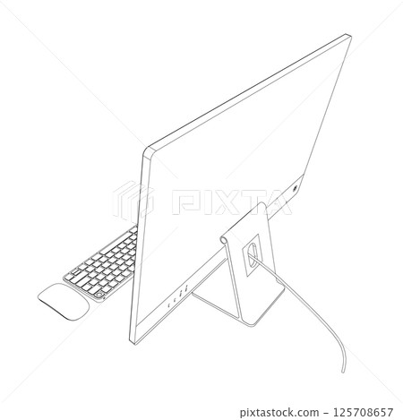 Monitor PC mockup. Outline thin frame monitor or PC with mouse and keyboard isolated on white background. Contour for web site, presentation, or advertising. Vector monitor, keyboard, computer mouse 125708657