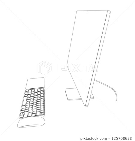 Monitor PC mockup. Outline thin frame monitor or PC with mouse and keyboard isolated on white background. Contour for web site, presentation, or advertising. Vector monitor, keyboard, computer mouse Monitor PC mockup. Outline thin frame monitor or PC with mouse and keyboard isolated on white background. Contour for web site, presentation, or advertising. Vector monitor, keyboard, computer mouse 125708658