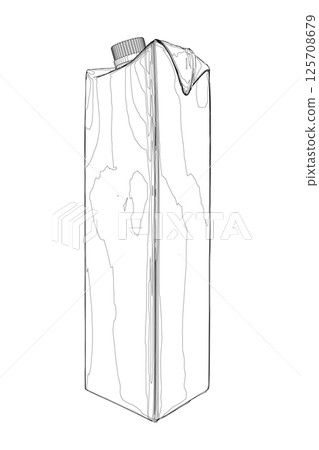 Vector illustration linear, tetrapack of milk or juice, drawn line sketch, advertising presentation show. Outline style illustration of tetrapack of milk on a white background. Vector illustration. 125708679