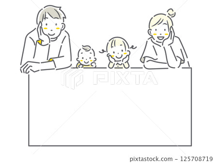 一個四口之家微笑著,下巴放在手上 — — 簡單而時尚的線條畫插圖 一個四口之家微笑著,下巴放在手上 — — 簡單而時尚的線條畫插圖 125708719