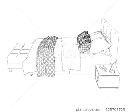 Hand drawn bed icon in vector. Outline of a sleeping bed with an unmade blanket and pillows from black lines isolated on a white background. View from above. Vector illustration. Side view. 125708725