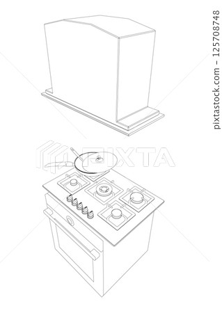 Contour of gas stove and hood. Outline oven vector illustration on white background. Vector illustration Stainless oven for cooking. Isometric view. 3D. Contour of gas stove and hood. Outline oven vector illustration on white background. Vector illustration Stainless oven for cooking. Isometric view. 3D. 125708748