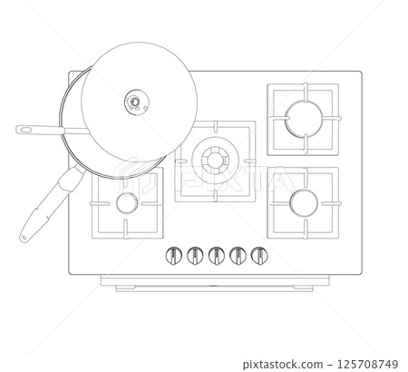 Contour of gas stove and hood. Outline oven vector illustration on white background. Vector illustration Stainless oven for cooking. Top view. 3D. Contour of gas stove and hood. Outline oven vector illustration on white background. Vector illustration Stainless oven for cooking. Top view. 3D. 125708749