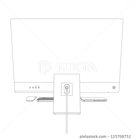 Monitor PC mockup. Outline thin frame monitor or PC with mouse and keyboard isolated on white background. Contour for web site, presentation, or advertising. Vector monitor, keyboard, computer mouse 125708752