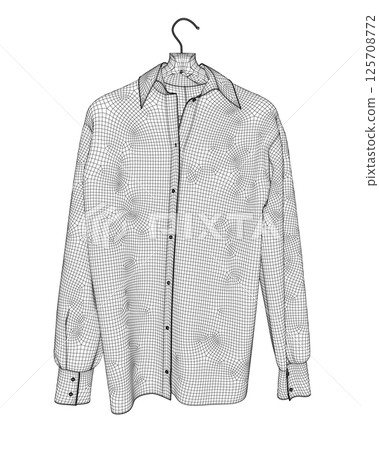 Wireframe shirt with button down collar isolated on white. Wireframe of a long sleeved shirt hanging on a hanger made of black lines isolated on a white background. Vector illustration. 125708772