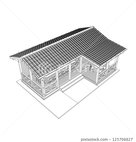 Gazebo outline. Black contour linear silhouette. Isometric view. Contour of a summerhouse with benches, a table and a roof. Vector illustration. 3D. 125708827