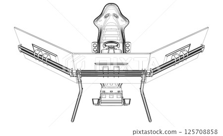 Electronic wheel technology for computer game, vector illustration. Race gaming simulator contour. Learn to drive with gaming wheel. Driving school, simulation driving lesson. Car racing video game 125708858