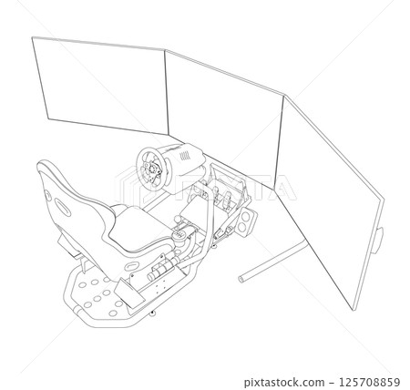 Electronic wheel technology for computer game, vector illustration. Race gaming simulator contour. Learn to drive with gaming wheel. Driving school, simulation driving lesson. Car racing video game. 125708859