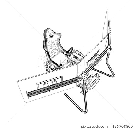 Electronic wheel technology for computer game, vector illustration. Race gaming simulator contour. Learn to drive with gaming wheel. Driving school, simulation driving lesson. Car racing video game 125708860