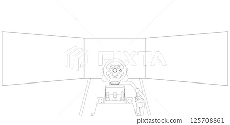 Electronic wheel technology for computer game, vector illustration. Race gaming simulator contour. Learn to drive with gaming wheel. Driving school, simulation driving lesson. Car racing video game 125708861