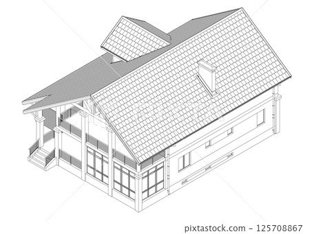 Outline suburban house model. Drawing of the modern building. Cottage project on white background. Vector blueprint. 3D. Isometric view. Outline suburban house model. Drawing of the modern building. Cottage project on white background. Vector blueprint. 3D. Isometric view. 125708867