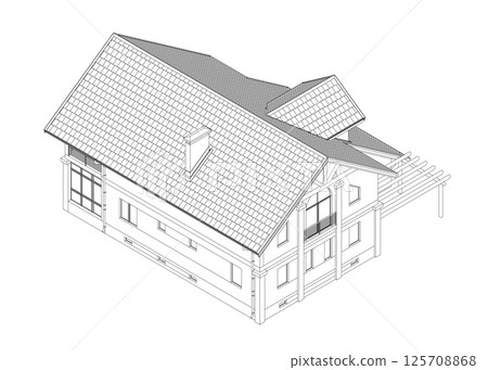Outline suburban house model. Drawing of the modern building. Cottage project on white background. Vector blueprint. Isometric view. 3D. 125708868