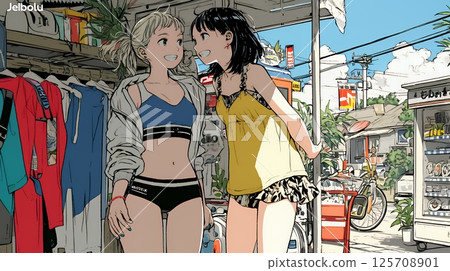 A young woman shopping with a female friend at a beach resort shop 125708901