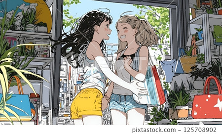 一位年輕女子與一位女性朋友在海濱度假村商店購物 125708902