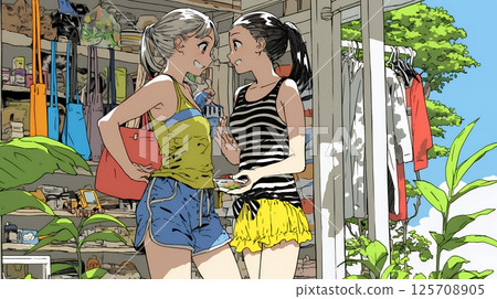 A young woman shopping with a female friend at a beach resort shop 125708905