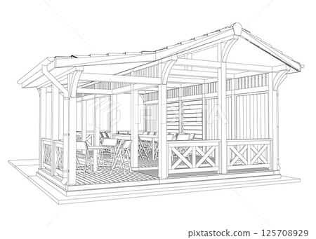 Gazebo outline. Black contour linear silhouette. Isometric view. Contour of a summerhouse with benches, a table and a roof. Vector illustration. 3D. Gazebo outline. Black contour linear silhouette. Isometric view. Contour of a summerhouse with benches, a table and a roof. Vector illustration. 3D. 125708929