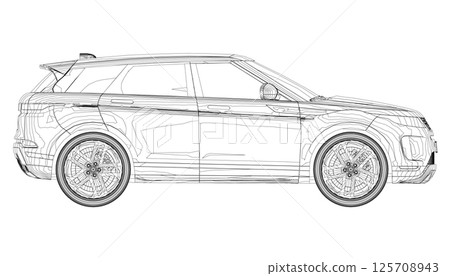 Modern SUV car outline. Side view of contour crossover vehicle isolated on white background. Vector car template for branding, advertisement, logo placement. Classic luxury suv car. 125708943